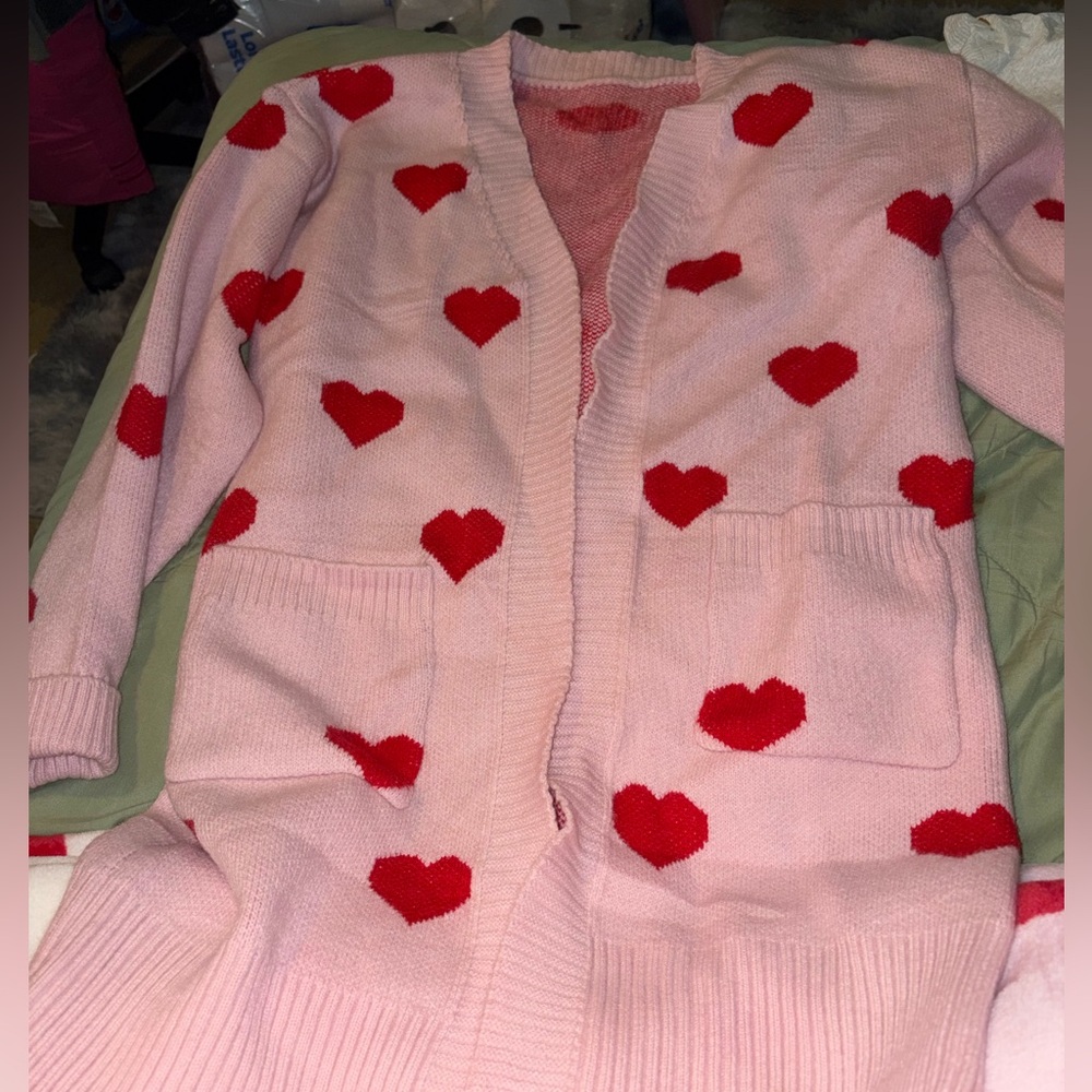 Pink Cardigan with Red Heart Pattern medium